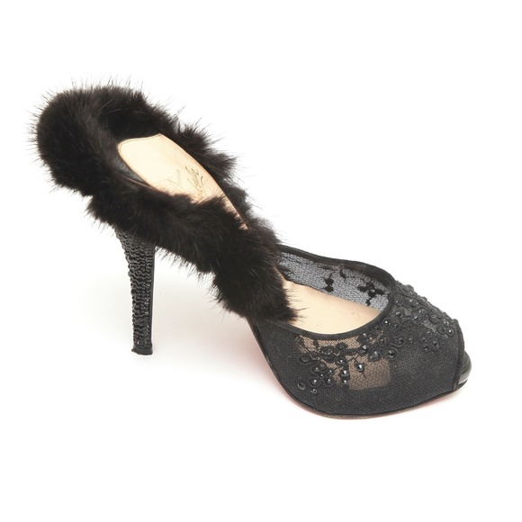 CHRISTIAN LOUBOUTIN Black Mule NUTRIA 120 Fur Crystals Lace Netting Leather 38.5 - Picture 2 of 10
